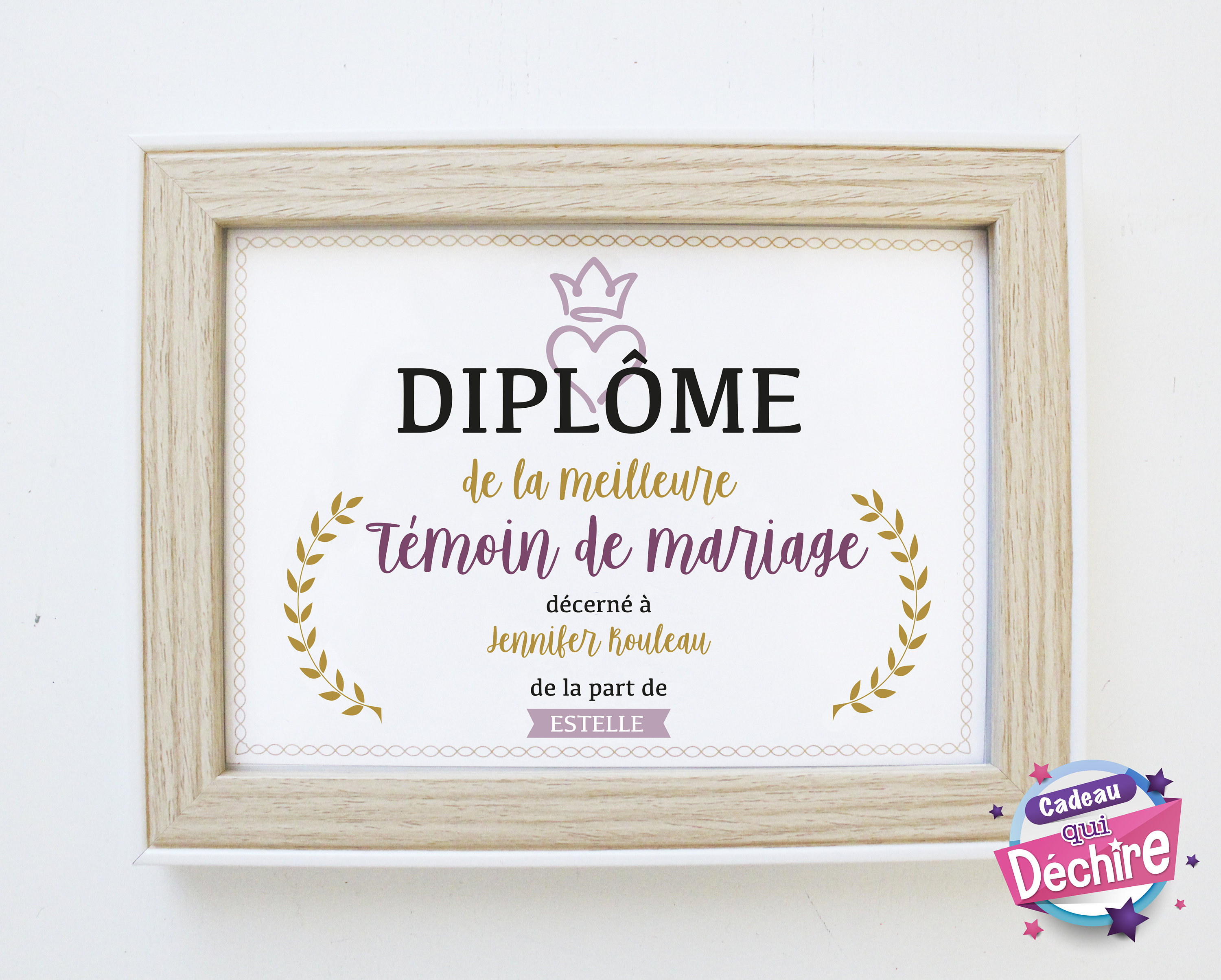 Idée Cadeau Témoin - Affiche Diplôme La Meilleure de Mariage Choix Du Format Vendu Sans Le Cadre Mar