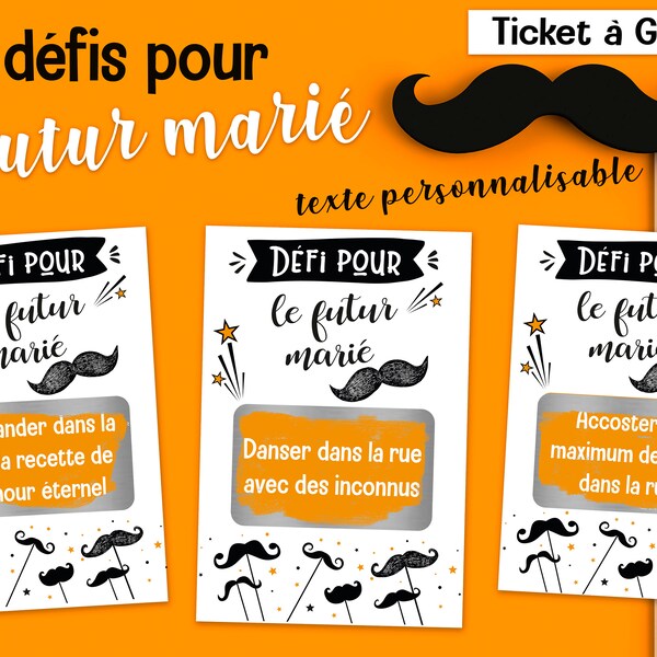 3 cartes à gratter EVG personnalisable avec vos défis pour le futur marié - ticket à gratter EVG - mariage - team du marié