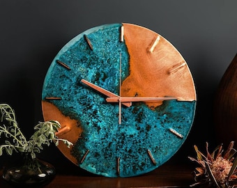 Copper Wall Clock "Half Time" Blue Patina | Copper Anniversary Gift | Housewarming Gift | Copper Decor | Silent Wall Clock | Hayes Home