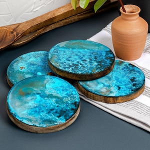 Blue Patina Kupfer Untersetzer 4er oder 6er Set | Kupfer Dekor Kupfer Geschirr Kupfer Haushaltswaren | Blaue Patina | Grünspan | Hayes-Haus