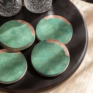 Koperen Jubileum Groen Patina Onderzetter Set van 4 of 6 | 7e 9e 22e koperen verjaardagscadeau | Groene koperen onderzetter set | Hayes huis