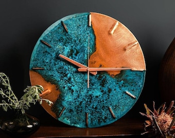 Kupfer Wanduhr Blaue Patina | Kupfer Jubiläumsgeschenk | Einweihungsparty Geschenk | Kupfer | Stille Uhr | Haushaltswaren | Wohndekor | Hayes Home