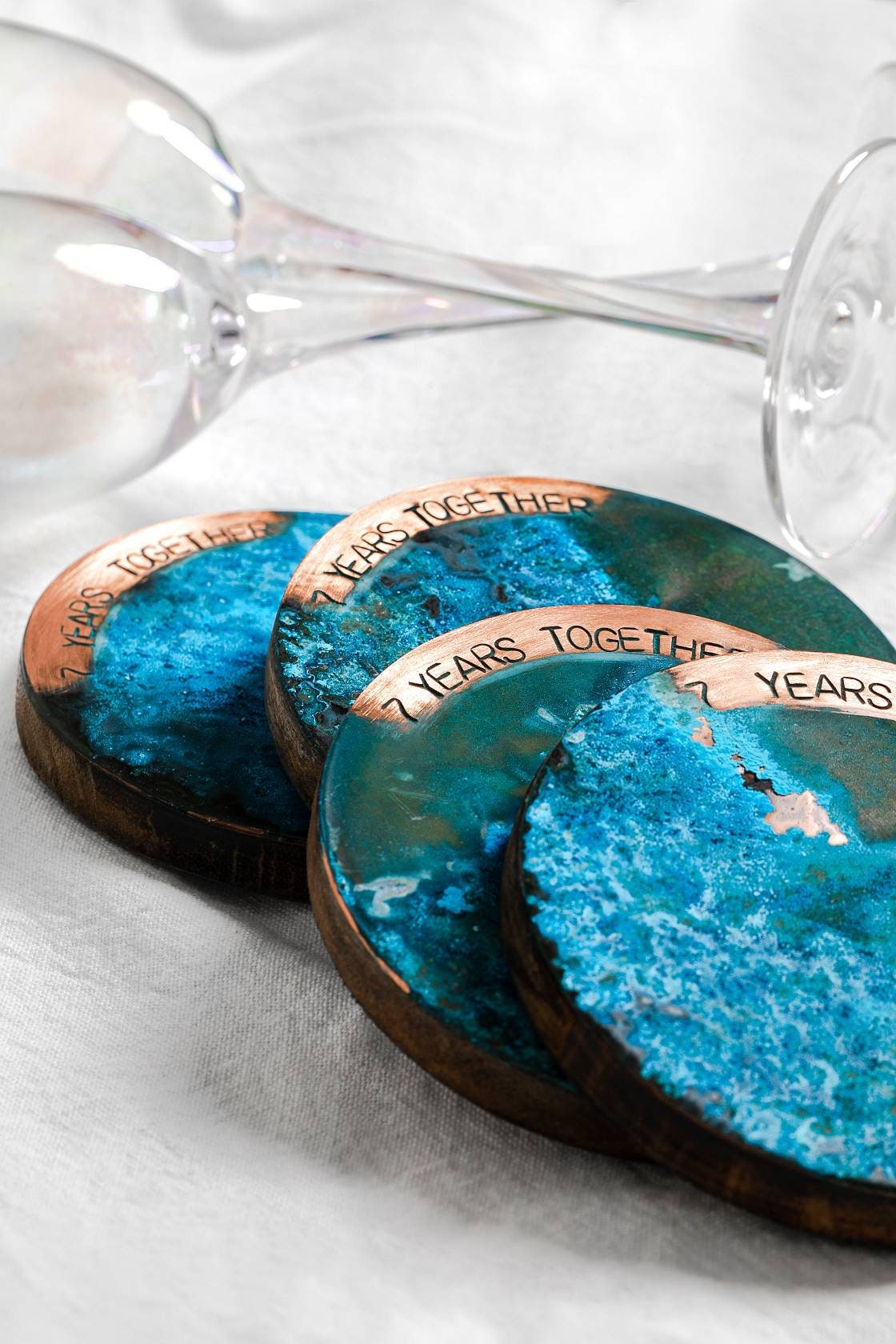 Cadeau d'anniversaire de Cuivre 7 Ans Blue Patina Copper Coaster Ensemble 4 Sous-Verres ou Ensemble 