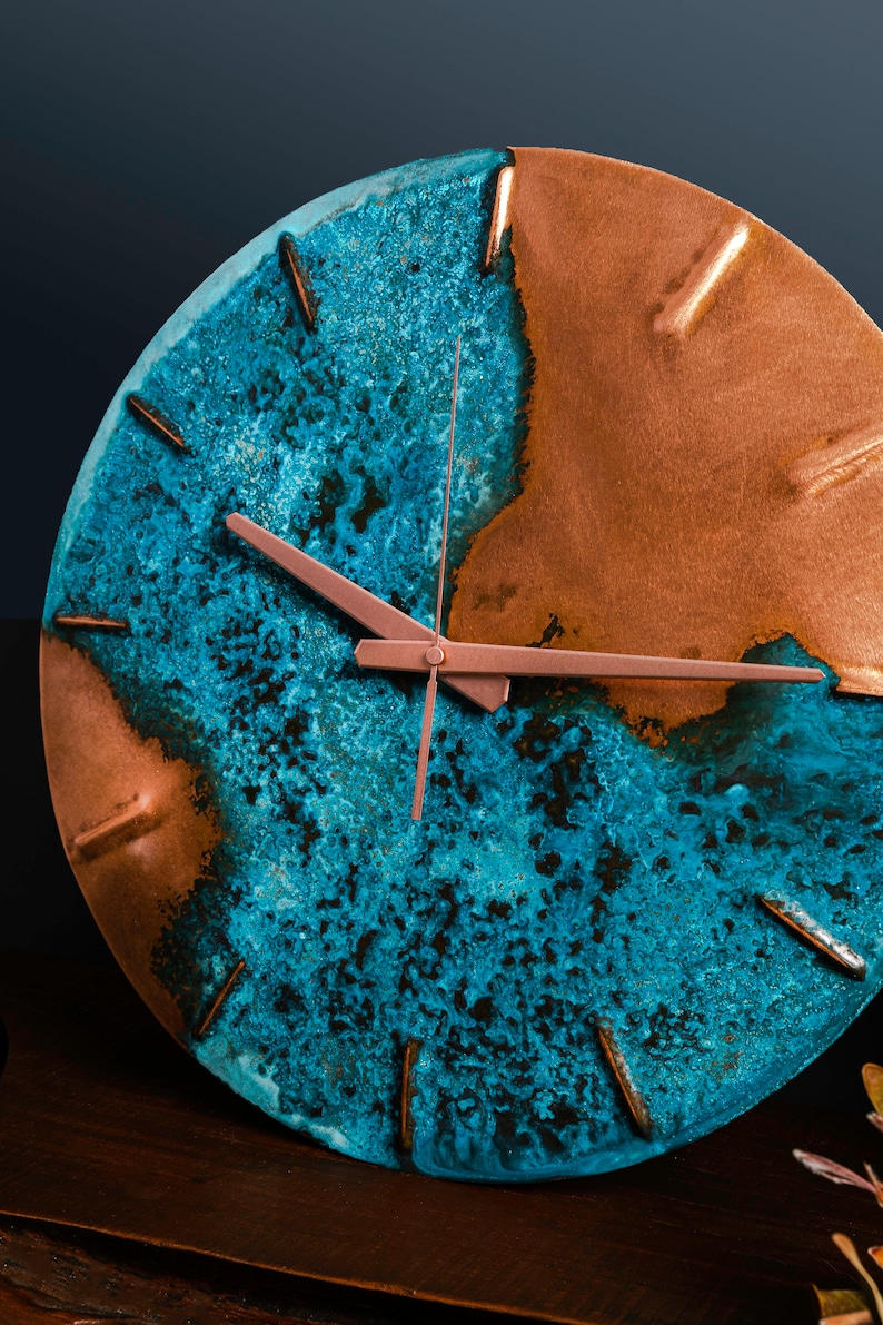 Copper Wall Clock Blue Patina Copper Anniversary Gift Housewarming Gift Copper Silent Clock Homewares Home Decor Hayes Home image 8