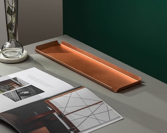 Bandeja de cobre cepillado hecha a mano: decoración grande con velas y baratijas