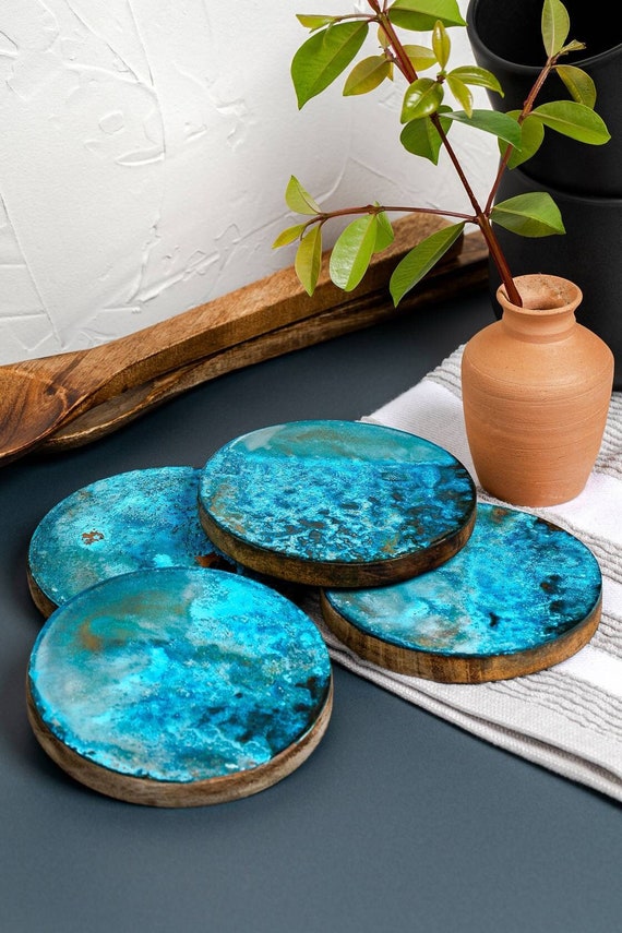 Blue Patina Copper Coaster Set of 4 or Set of 6 Copper Decor Copper Tableware Copper Homewares Blue Patina Verdigris Hayes Home Etsy