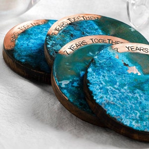 Kupferfarbenes Jubiläums-Untersetzerset mit blauer Patina | Geschenk zum 7.9.22.Kupferjubiläum Blaues Kupfer Untersetzer-Set | Hayes-Haus