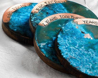 Copper Anniversary Blue Patina Coaster Set of 4 or 6 | 7th 9th 22nd Copper Anniversary Gift | Blue Copper Coaster Set | Hayes Home