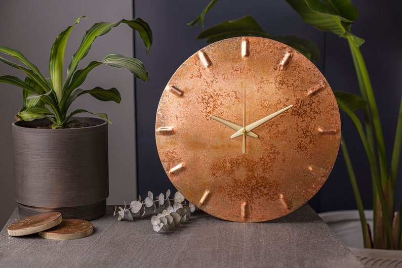 Copper Wall Clock Gold Patina Copper Anniversary Gift Housewarming Gift Copper Decor Silent Wall Clock Hayes Home image 1