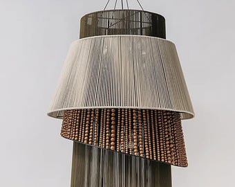 Handmade Wicker Chandelier with Wooden Beads: Custom Color Pendant Lamp