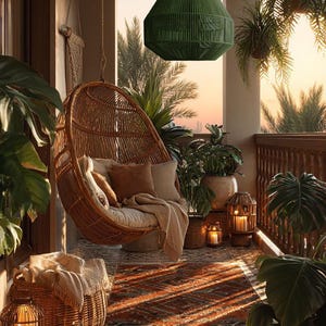 May include: A cozy outdoor space featuring a hanging wicker chair with cushions and a blanket. A green woven pendant light hangs above. The space includes potted plants, lanterns, and a patterned rug, creating a relaxing atmosphere.