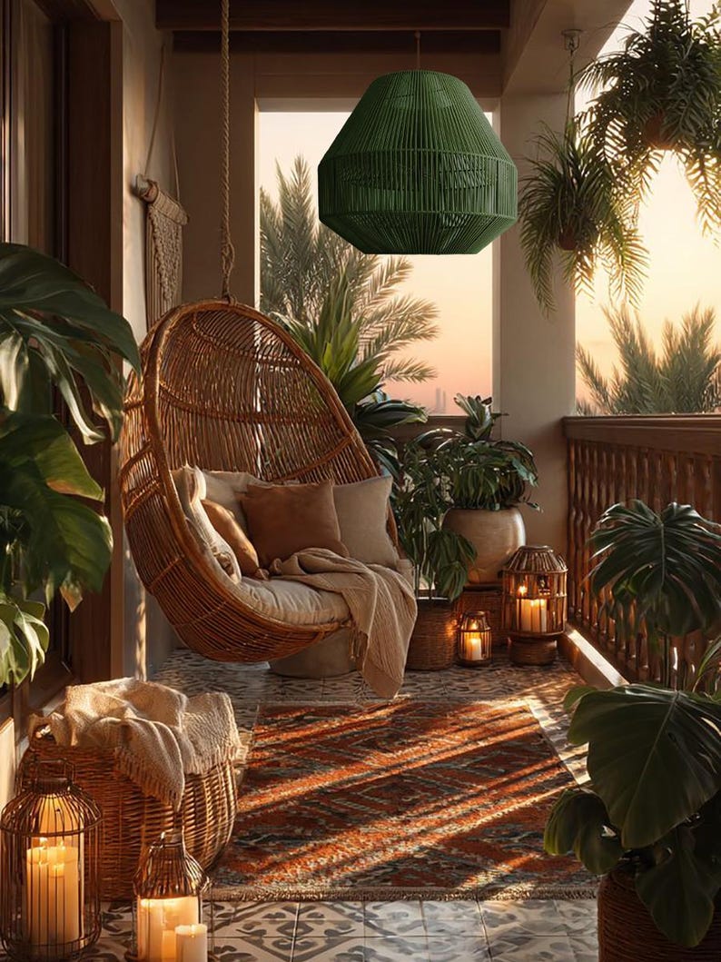 May include: A cozy outdoor space featuring a hanging wicker chair with cushions and a blanket. A green woven pendant light hangs above. The space includes potted plants, lanterns, and a patterned rug, creating a relaxing atmosphere.