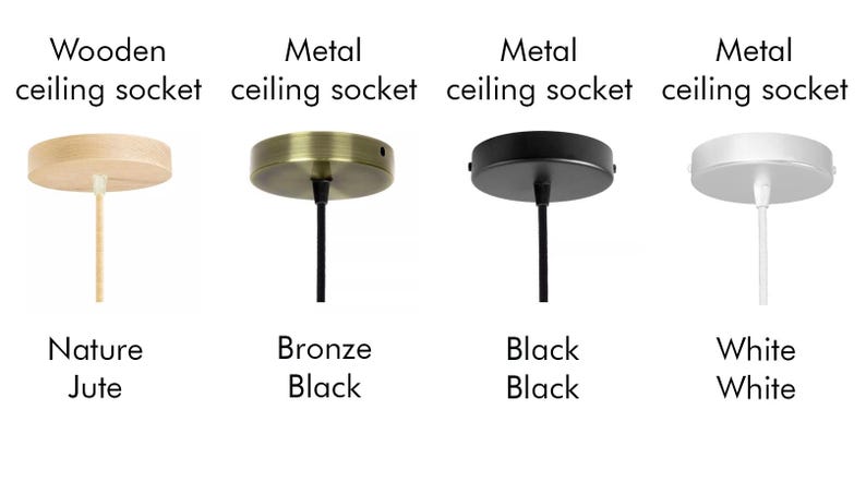 May include: Four ceiling sockets are displayed. The first is wooden with a jute cord, followed by metal sockets in bronze, black, and white. Each has a circular base and a cord for hanging.
