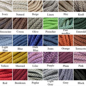 May include: A color chart displaying a variety of braided rope colors, including white, beige, blue, green, and red. Each color is labeled with its name, such as "White snow", "Blue", and "Red".
