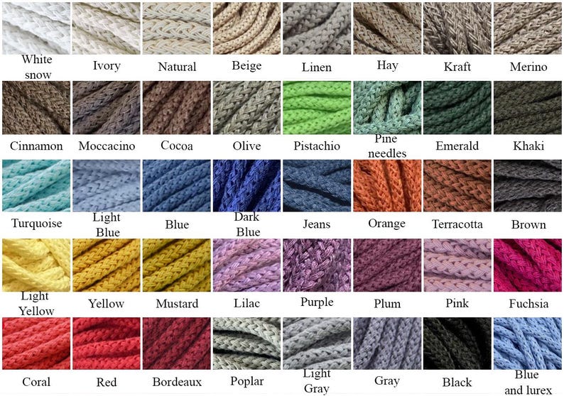 May include: A color chart displaying a variety of braided rope colors, including white, beige, blue, green, and red. Each color is labeled with its name, such as "White snow", "Blue", and "Red".