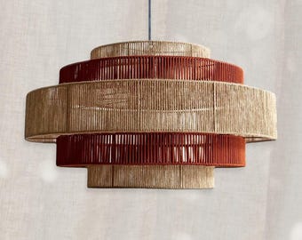 Lámpara de araña grande de yute: Iluminación para sala de estar estilo Wabi Sabi, decoración para cafeterías.