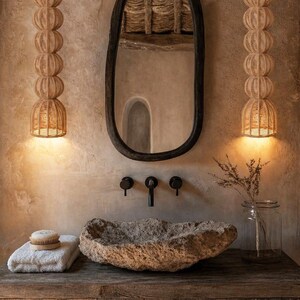 May include: A rustic bathroom scene featuring a stone sink, a dark wooden vanity, and a large oval mirror. Two woven pendant lights hang on either side of the mirror. The color palette is neutral with warm tones.