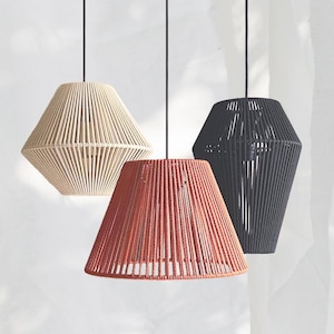 SET Wicker Cotton hanging lantern Japandi Trio Color to choose, Minimalist style Pendant Lamp, Unique Handmade Lamp, Modern Suspension Lamp