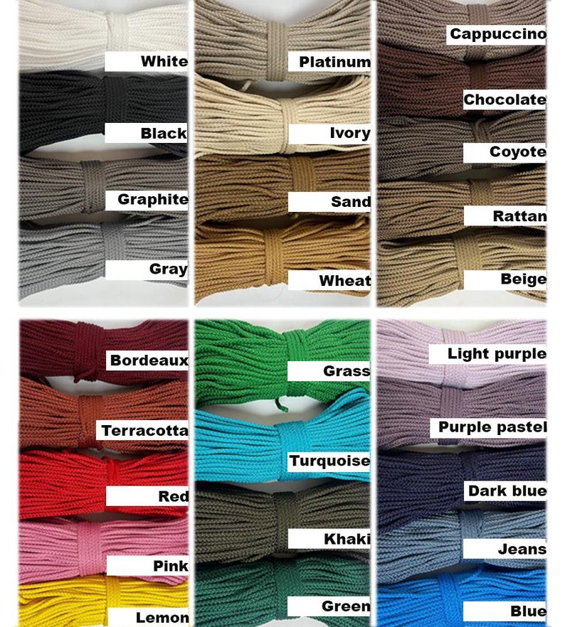 May include: A collection of colorful rope samples, each tied into a neat bow. Colors include white, black, gray, red, and blue, with labels such as "White," "Black," "Gray," "Red," and "Blue." The image showcases a variety of shades and textures.