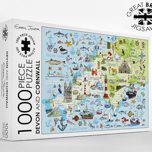 May include: A 1000 piece jigsaw puzzle featuring a colourful illustrated map of Devon and Cornwall, England. The puzzle includes landmarks, animals, and other details. The puzzle box is white with blue and red accents.