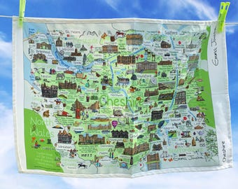 Cheshire Map Tea Towel: Illustrated 100% Cotton Kitchen Decor