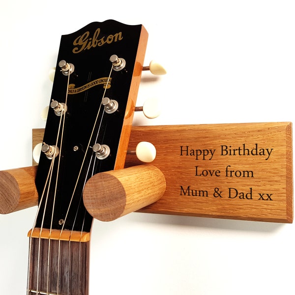 Personalised Solid Oak Guitar Wall Mount for Acoustic and Electric Guitars.