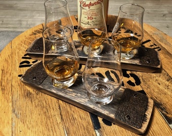 Tasting tray for two or three Glencairn whisky glasses made from barrel stave