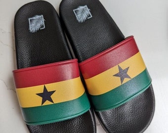 Ghana Flag Sliders, Men's, Women's Sandals, Black Sole Shoes, Colorful Slipper Slides, Summer Beach Shoes, Open Toe Sandals