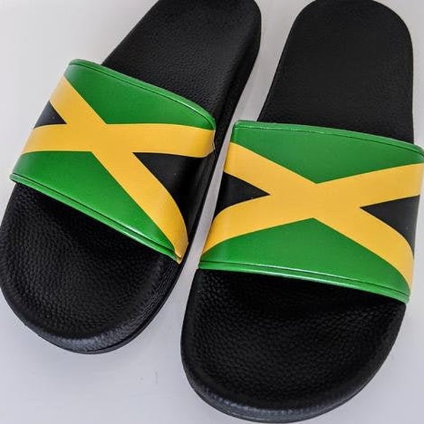 Jamaica Flag Sliders, Black Sole Shoes, Men's Slingbacks, Women's Sandals, Summer Beach Open Toe Sandals, Slipper Slides