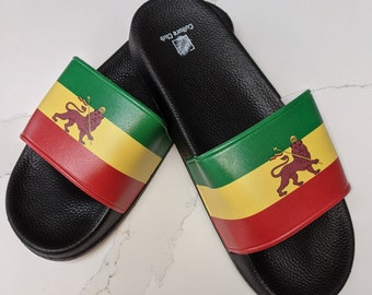 Lion of Judah Flag Sliders, Men's, Women's Sandals, Black Sole Shoes, Colorful Slipper Slides, Summer Beach Shoes, Open Toe Sandals