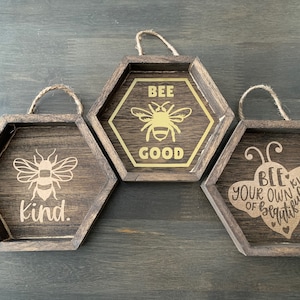 Bee Wood Block Hanger, Bee Decor, Spring Decor, Wood Block Hanger, Hexagon Sign, Wood Block Sitter, Rustic Block Sign