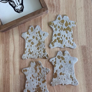 White & Gold Acid Wash Cowhide Coasters - Set of 4