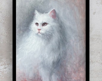 Witte kat. Origineel schilderij op papier, met de hand gemaakt (geen afdruk) [k765]