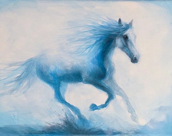 Cavallo blu. Dipinto originale realizzato a mano. Dipinto su tela tesa. [k766]