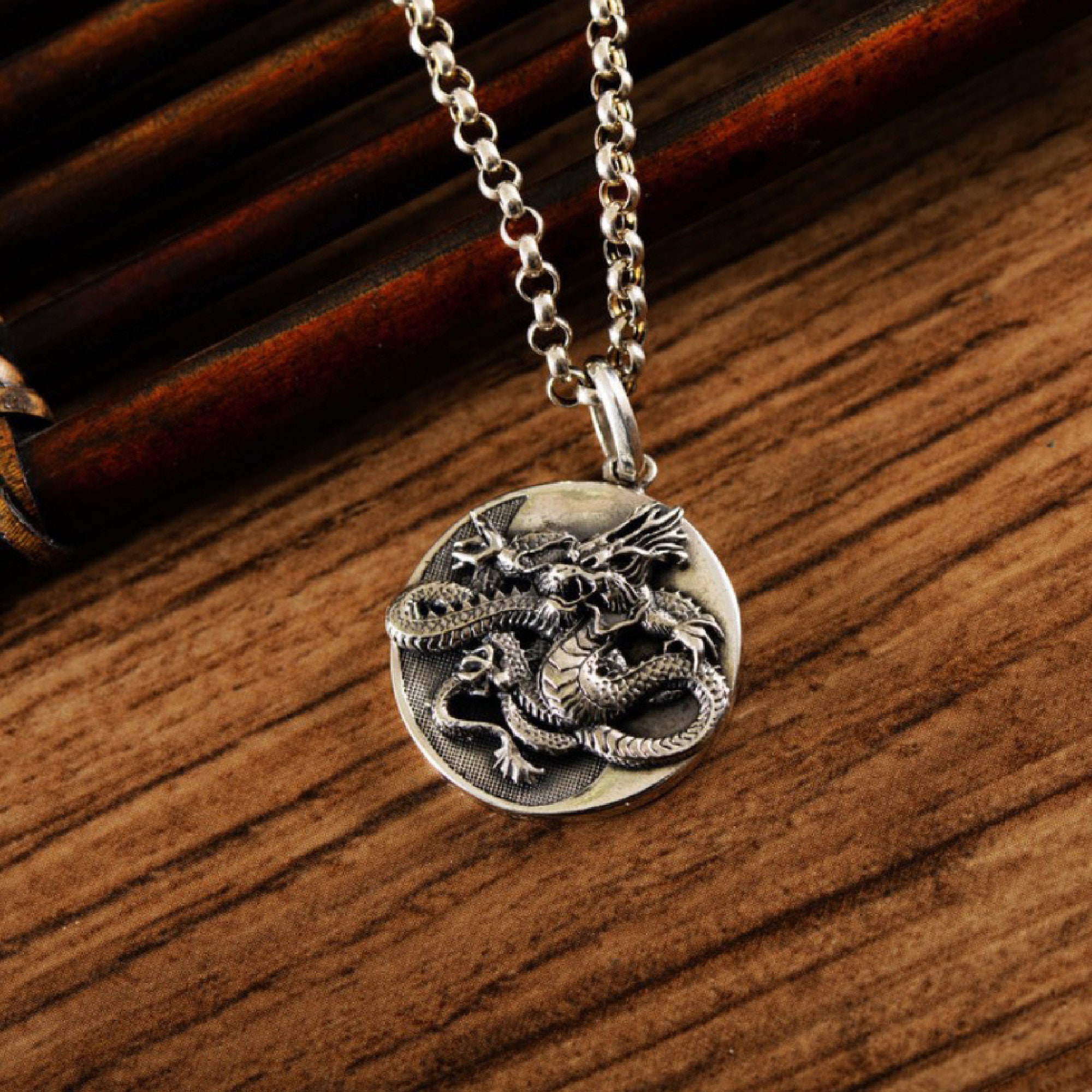 Dragon phoenix pendant necklace mens silver necklace coin Etsy