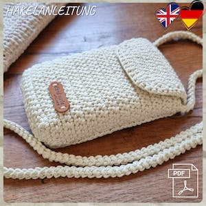 Crochet pattern, PDF, German, English, crocheted bag, shoulder bag, cell phone bag, summer bag. Size 16×11×4 cm. Macramé cord 2 mm