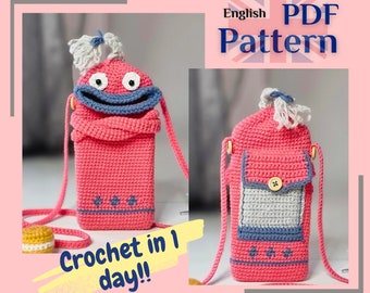 Anleitung eng deu, Häkelanleitung amigurumi, Gehäkelte Handytasche, Umhängetasche, Handtasche, Geldböse, Monster