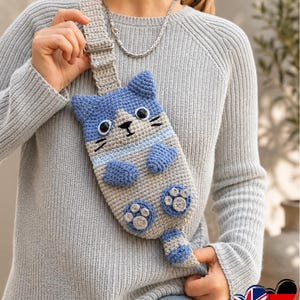 Molde em PDF para Bolsa de Crochê com Gato Fofo, Bolsa de Cintura, Bolsa para Celular, Bolsa de Ombro 23 x 13 cm (EN + DE) T5
