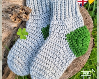 Sida 16 Virkmönster, PDF, engelska och tyska. Virkade varma strumpor för tonåringar och vuxna, fotlängd 22 cm, justerbar storlek.