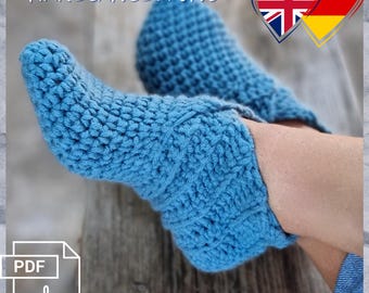 Sida 5 Virkmönster för tofflor PDF på tyska och engelska Varm och mysig Unisex Fotlängd 22-24 cm Justerbar storlek Enkla instruktioner