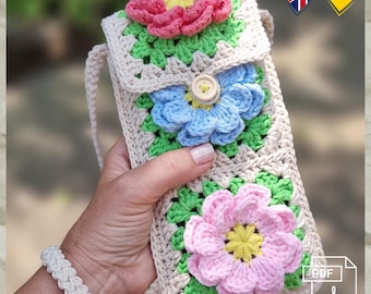 Crochet, PDF, eng/deu, sling crochet bag, granny square bag, cell phone bag, shoulder bag, summer bag, crocheted flowers, cotton, 20×10 cm