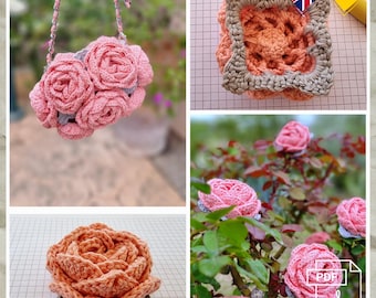 Virkmönster, PDF, engelska/tyska. Mormorsruta 3D, virkad mormorsruta, variationer i rosa, virkad blomma, rosa