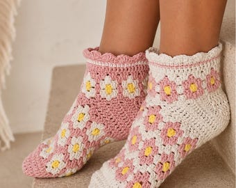 Floral Crochet Socks Pattern PDF, Cotton Women Socks 23–24 cm, Adjustable Size (EN + DE) S10