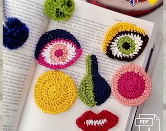 Page 31 Crochet pattern, PDF, English/German. Crocheted sew-on applique, crochet applique, carnival mask, crochet face