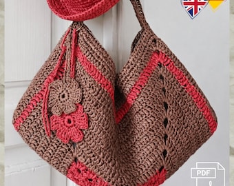 T31 Virkmönster för en somrig axelväska gjord av raffiagarn.