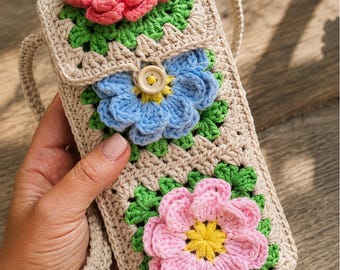 Granny Square Crochet Bag Pattern PDF, Floral Phone & Crossbody Bag 20x10 cm, Summer Cotton Purse (EN + DE) T15