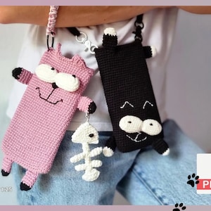 Crochet pattern, PDF, English and German, Crocheted cell phone case cat, shoulder bag, crochet bag