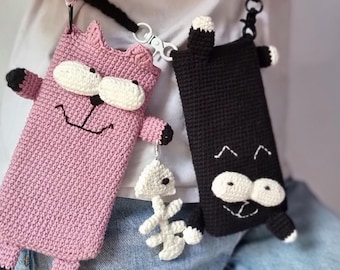 Cat Crochet Phone Bag Pattern PDF, Cute Crossbody & Crochet Handbag, Small Purse (EN + DE) T6