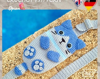 Crochet, PDF, Eng/Deu, Fanny pack, Crocheted cell phone bag cat, Shoulder bag, Crochet bag, 23×13 cm, Cotton