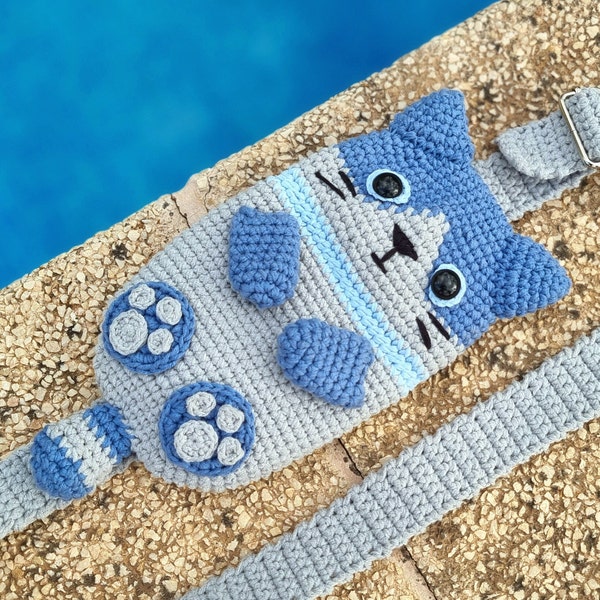Crochet pattern, PDF, English and German, Crocheted cell phone case cat, shoulder bag, bag with belt, crochet bag, 23×13 cm, cotton,